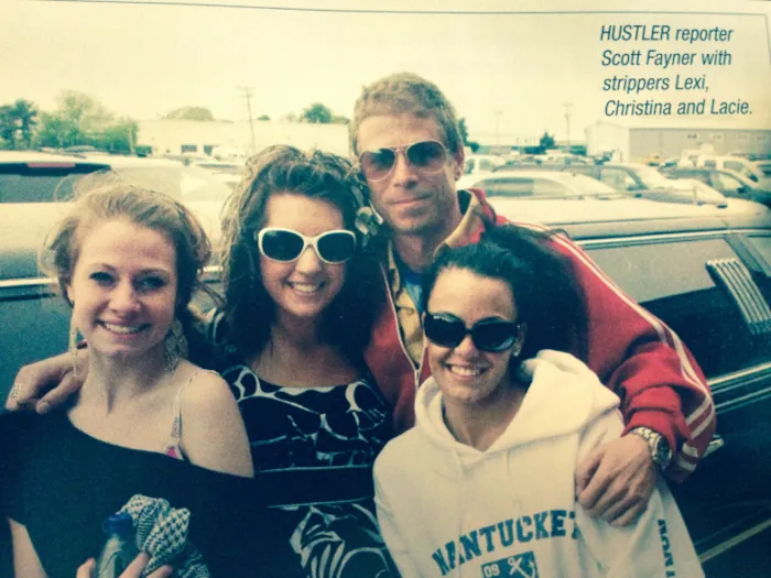 Hustler magazine reporter Scott Fayner with VIP Entertainment dancers Lexi Christina and Lacie on the way to Nantucket bachelor party 2010